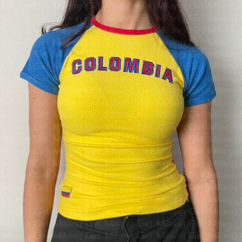 Koszulka z drukiem w stylu kolumbijskim retro 2000